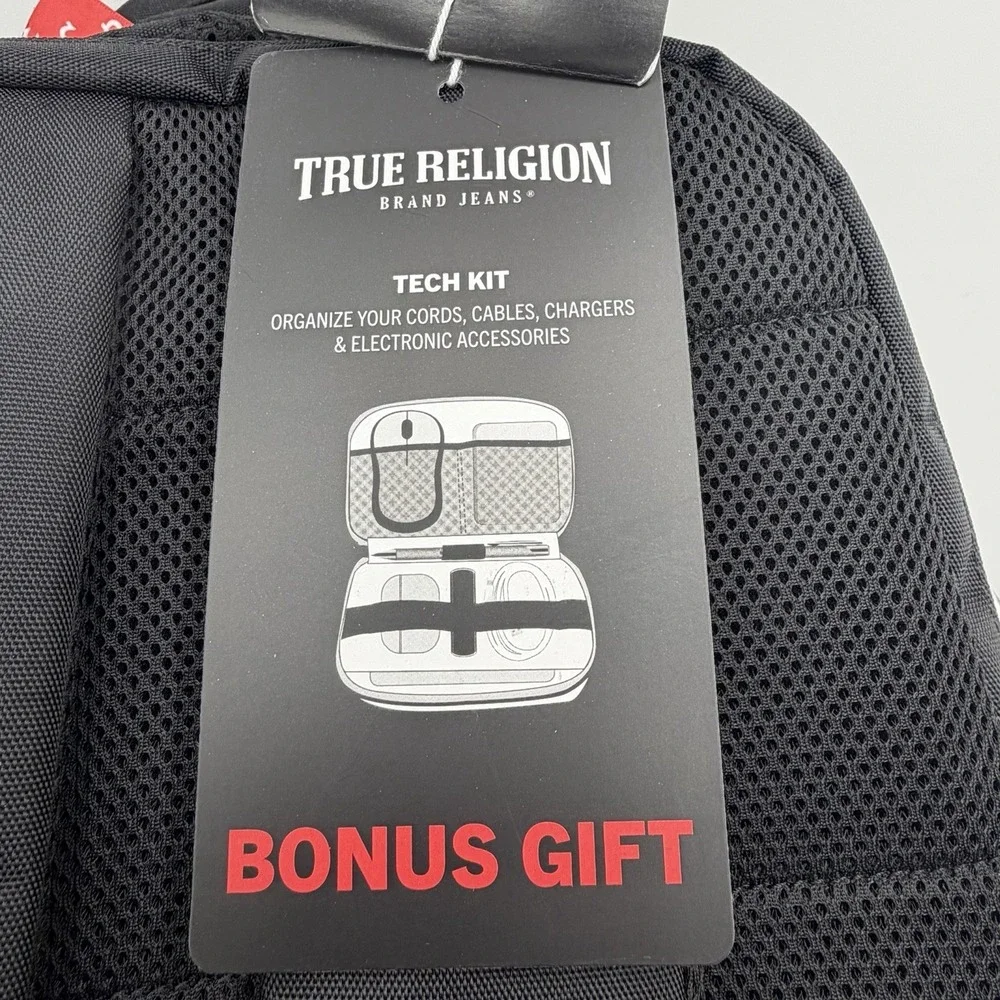 True Religion Commuter Backpack Black Laptop Travel Bag Bonus Tech Kit TR104863